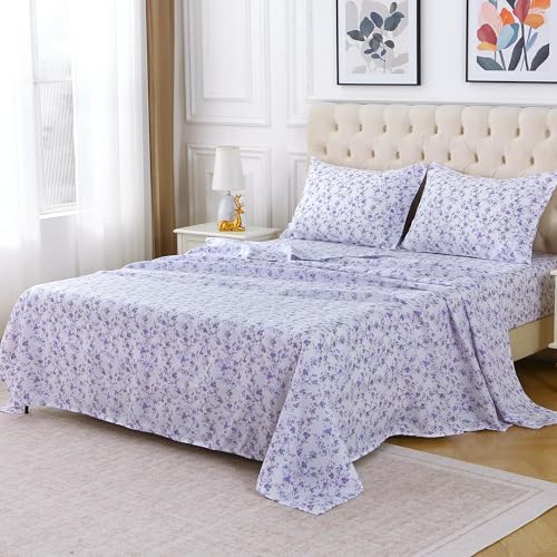 Image of Viviland Floral King Sheet Set - 4 Piece Purple Lavender Botanical Patterned Bed Sheets - Soft, Breathable Microfiber Sheets with Deep Pocket, Non-Slip Fitted Sheets & Pillowcases