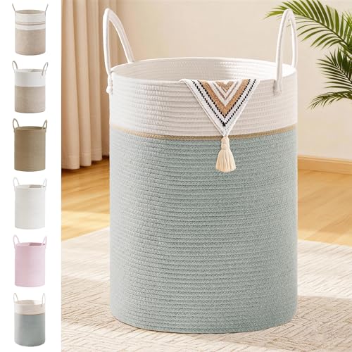 Image of 100L Extra Large Tall Cotton Rope Laundry Basket with Handles, Sage Green