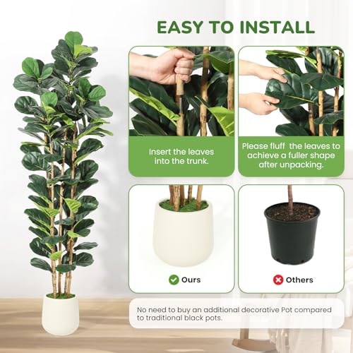 7FT Artificial Fiddle Leaf Fig Tree with Natural Wood Trunk,Tall Fake Fiddle Leaves Plant in White Planter, Floor Plants for Living Room Indoor Home Decor,Housewarming Gift