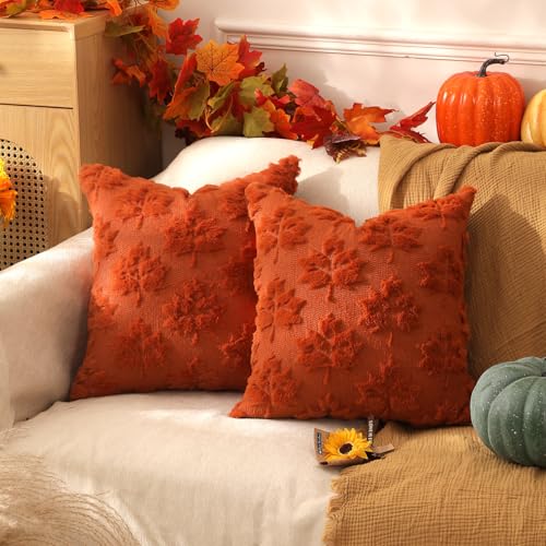 TOYPOPOR Fall Decorations 2 Packs Double Sided Throw Pillow Covers Rust Red Soft Faux Fur Maple Leaf Pillow Case Autumn Harvest Thanksgiving Indoor Outdoor Home Decor for Living Room Porch Couch 20x20