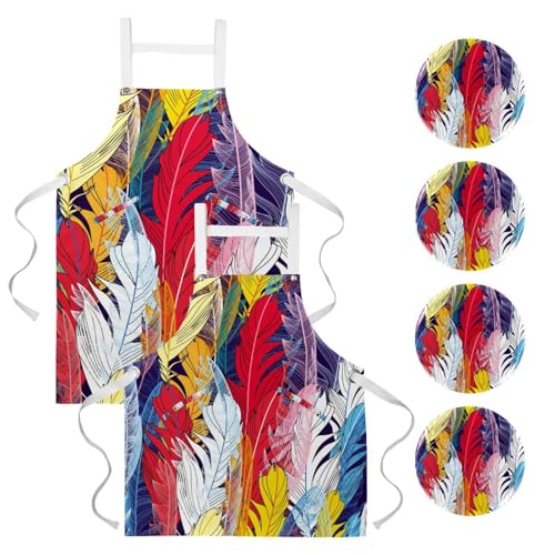 Lot de 2 tabliers de cuisine plumes colorées avec 4 broches taille unique