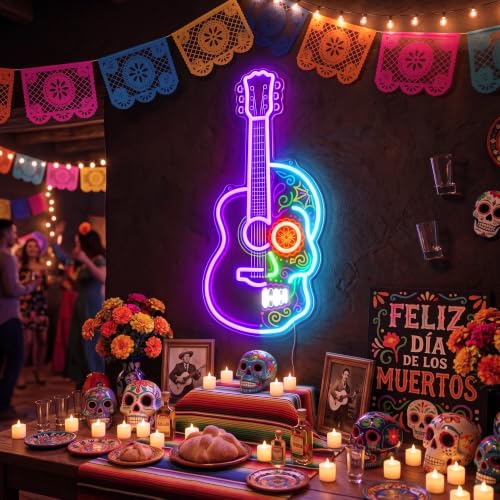 Image of Sugar Skull Guitar Neon Sign, Day of the Dead Inspired LED Neon Light, USB Powered Dimmable Music Wall Decor for Home Bar, Music Room, Bedroom, Halloween Party, Gifts for Guitar Players