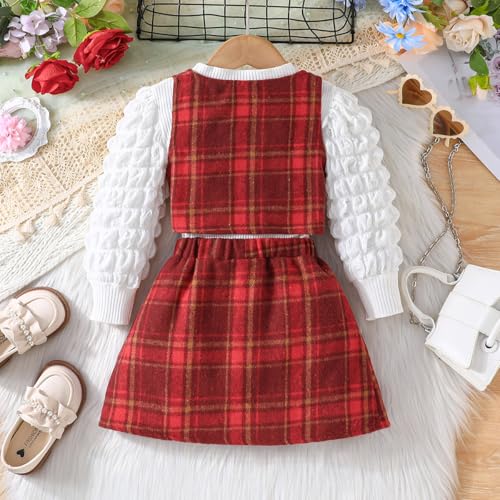 Image of Toddler Girls Christmas Outfits Girls Puff Sleeve Knit Ribbed Tops Button Down Vest Plaid Skirt Set Winter Clothes