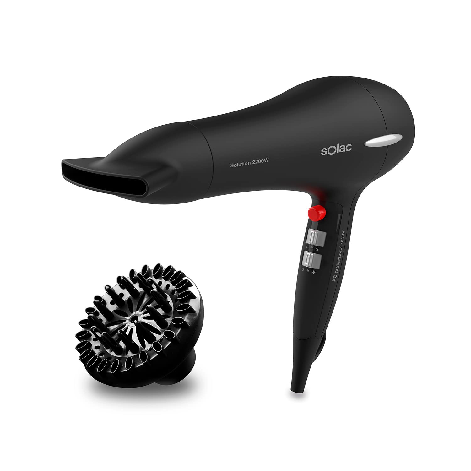 Solac Solution SP7195 - Secador de pelo con motor AC profesional, 2200W de potencia, 2 velocidades, 3 temperaturas, golpe aire frío, filtro extraíble, concentrador y difusor