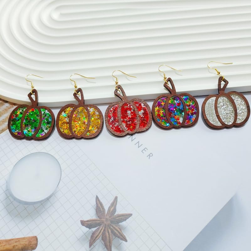 ONLYJUMP Thanksgiving Retro Colorful Print Pumpkin Wooden Earrings For Women Lightweight Handmade Fall Earrings Thanksgiving Glitter Sequin Pumpkin Drop Earrings Fun Thanksgiving Jewelry - Image 7
