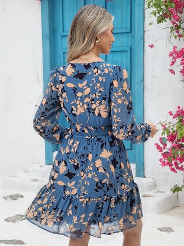 Image of Simplee Womens Spring Floral Mini Dress Long Sleeve Boho Chiffon Short Dress Casual Flowy Fall Wedding Guest Dresses