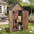 GUTINNEEN Outdoor Storage Shed with All Around Strong Metal Frame, Garden Tool Sheds Cabinet with Floor & Adjustable Shelves, Wooden Tool House for Backyard Garden Patio Lawn 67.1" H (Dark Brown)