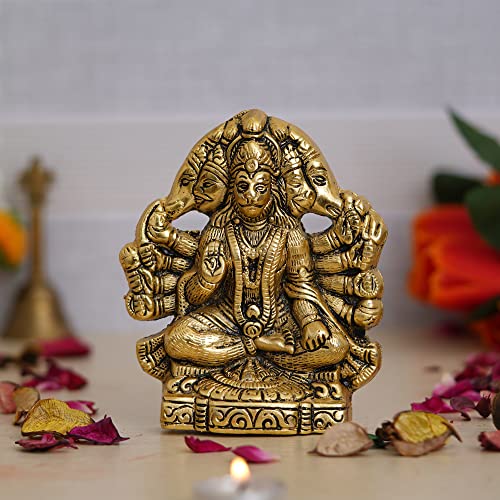 Webelkart Premium Metal PanchMukhi Hanuman Idol Statue for Home and Pooja Decor (Gold, 5.5 Inches)