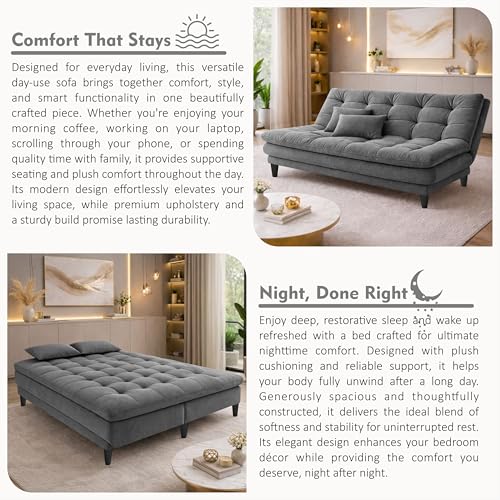 Image of Modern 3 Seater Sofa Cum Bed | Tufted Backrest | Velevt Fabric Upholstery | Living Room Furniture-Grey