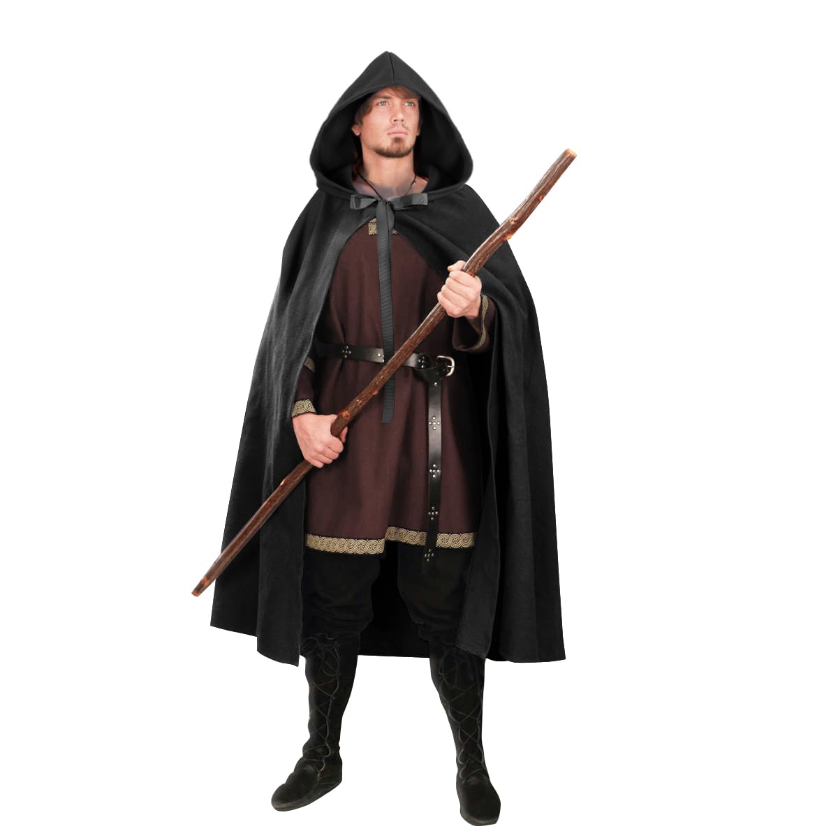 JPXHRenaissance Hooded Cape Witch Cloak with Hood Medieval Hobbit Halloween Costume, Black2, One Size
