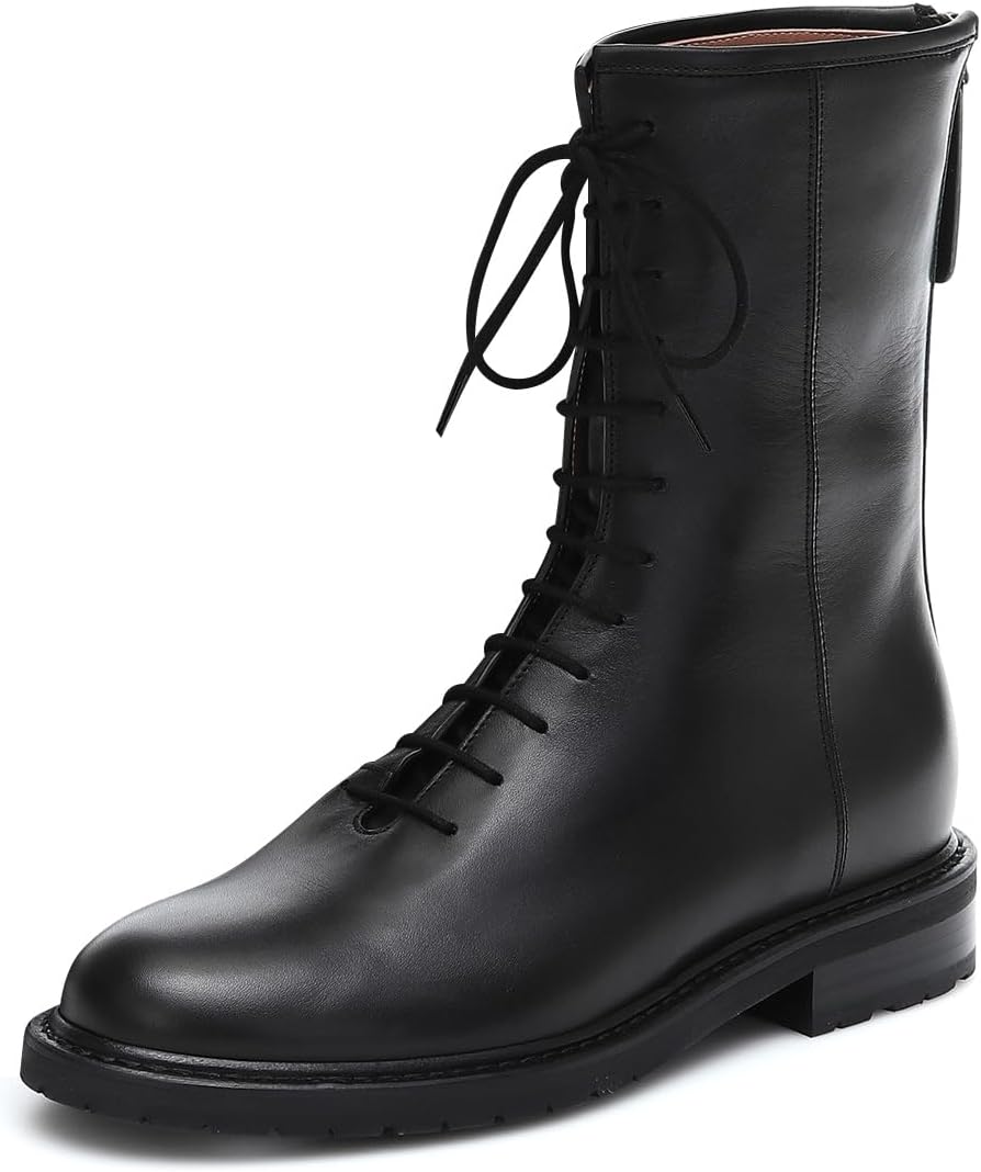 XYD Women Girls Combat Boots Lug Sole Stacked Chunky Heel Front Lace Up Back Zipper Flat Ankle Booties Fashion Walking Daily Shoes