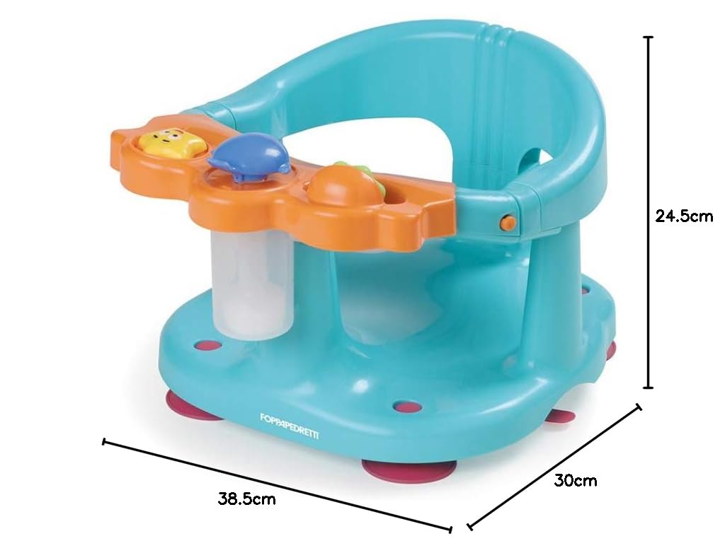 Foppapedretti Seggiolino Da Bagno Tuffetto ,30x38.5x24.5 cm, per Bambini fino a 13 Kg, Dotato di davanzalino con giochini e pompetta spruzza acqua, Bracciolo di protezione, Arancio Azzurro