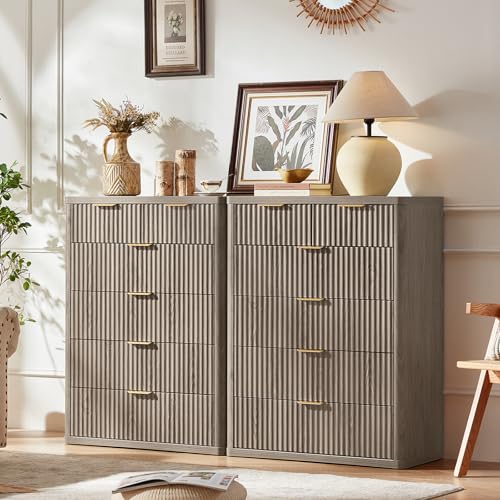 Image of LEYAOYAO Fluted 6 Drawers Dresser for Bedroom, 42 inch Tall Modern Chest of Drawers with Metal Handle, Curved Profile Design,Grey Wood Drawer Organizer for Bedroom, Living Room, Hallway, Entryway