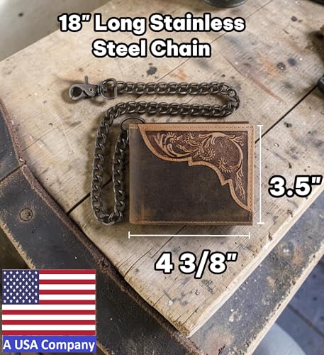 Image of F&L CLASSIC RFID Blocking Mens bi-fold Style Cowhide Leather Steel Chain Wallet, brown western style,texas 83