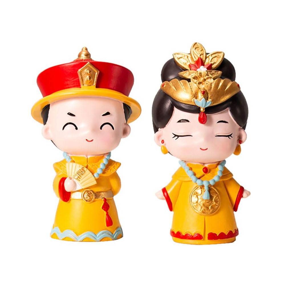 Pokinge 2Pcs Chinese Emperor Empress Figurine Cake Ornament Emperor Queen Tabletop Decor Wedding Party Cake Topper Cake Decor Crafts Gift For Couples