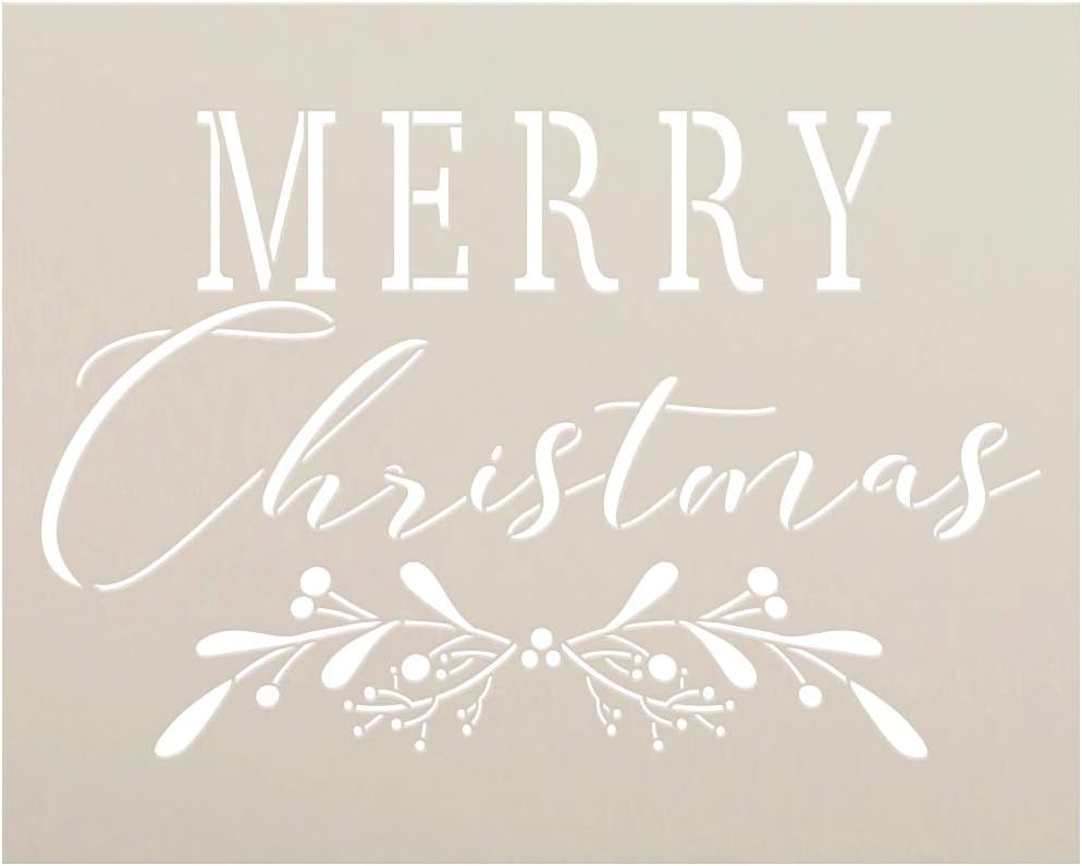 Merry Christmas Stencil by StudioR12 | DIY Cursive Script Mistletoe Home Decor Gift | Craft & Paint Wood Sign | Reusable Mylar Template | Select Size (20 x 16 inch)