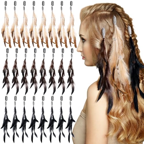 Geyoga 12 Pcs Clip in Hair Feathers with Beads Boho Feather Hair Clips for Women Rave Music Festival Accessories for Halloween Costume Carnival Party (Brown Black Dark Coffee Standard)