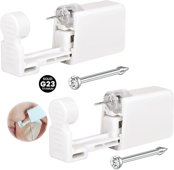 WillTen Lot de 2 piercings G23 en titane - Avec pistolet de perçage préinstallé de 2 mm - Kit de piercing de nez - Kit de piercing pour le nez - 1