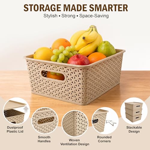 Image of JD Fresh Pack of 3 Premium Plastic Storage Basket with Lid /Smooth Handle Design&Stackable Storage Organizer /Durable Kitchen Storage Basket for Clothes, Vegetables, Fruits, Toys and Stationery(Biscuit)