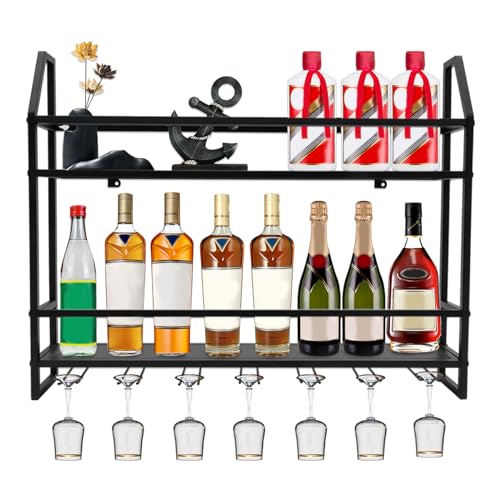 DNYSYSJ Wall Mounted Wine Racks, Steel 2-Layer Shelves with Display Shelf, Holds 7 x Glasses and 12 x Wine Bottles, for Home Bar, Dining Room, Kitchen, Living Room