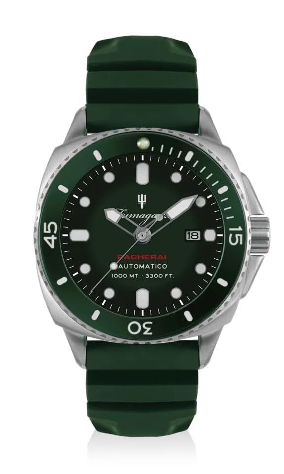 Generico FU248 Orologio da Polso Fumagazzi - Pagherai Verde Acciaio, ø 46 mm, Cinturino Morbido Silicone, Movimento Automatico, Water Resistant 1000 m