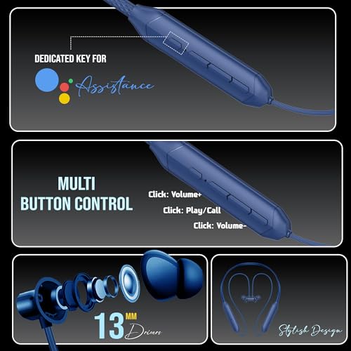 Image of Kratos Blue Bluetooth Neckband with 55H Playtime, Deep Bass, Stereo Sound, HD Calls, Magnetic Earbuds, Voice Assistant, Type-C Fast Charging, Rich Audio, Hollow Switch for Comfort & Style