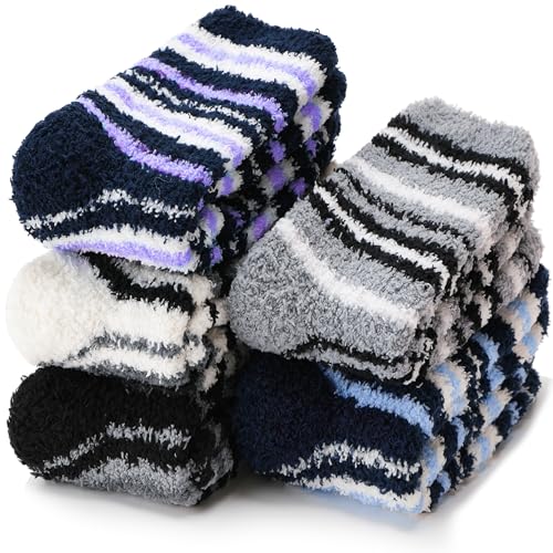 EBMORE Fuzzy Socks for Men & Women - Fluffy Warm Winter Non-Slip Thick Cozy Sleep Socks With Grips - Cabin Soft Stocking Stuffers (Stripe)