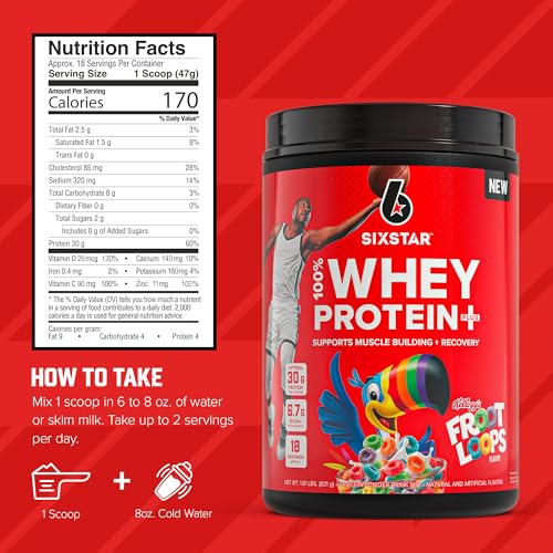 Image of Six Star Whey Protein Powder Plus - Muscle Building & Recovery Formula with Whey Isolate Powder, BCAAs, 30g Protein, Immune Support - Post-Workout Supplement - Kellogg's Froot Loops Flavor, 1.8 lbs