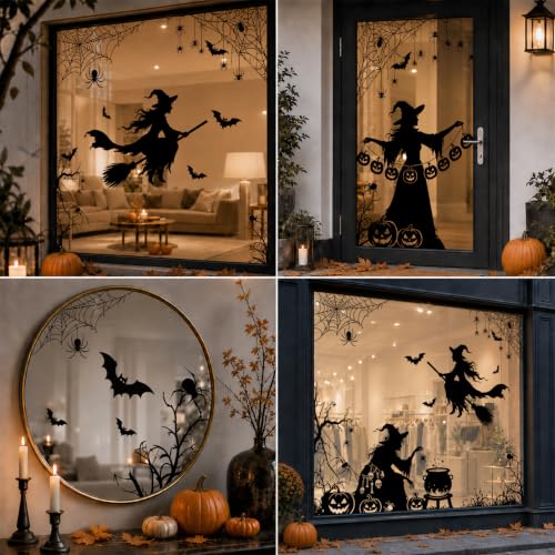Image of AhfuLife Large Halloween Window Clings Decorations, 12.6 x 35.4 in, 5 Sheets Scary Witch Window Stickers Double‑Side Extra Large Silhouette Reusable Decals for Halloween Home Party Indoor Decor