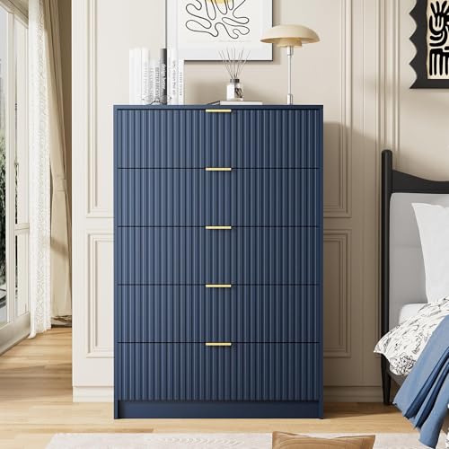 Image of Furniway Navy Blue Dresser Bedroom Set 3 Pieces, Nightstands Sets of 2, 5 Drawer Dresser with Gold Handles for Bedroom