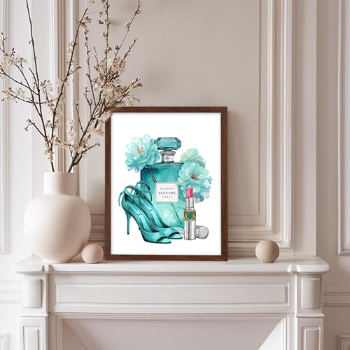 Image of Poster Master Turquoise Blue Designer Print - Fashion Poster - Shoes, Lipstick & Perfume Art - Chic Gift for Women & Fashionista - Glam Decor for Bedroom or Girl's Room - 8x10 Brown Framed