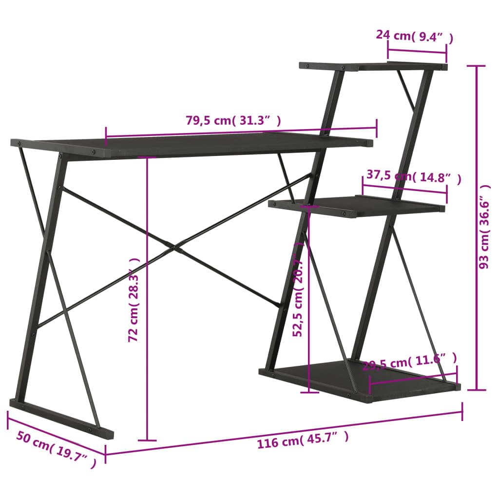 Scrivania con ripiano nero, 116 x 50 x 93 cm, scrivania per computer con gambe a forma di X, tavolo da lavoro per ufficio e casa, salvaspazio, con spazio di archiviazione e design ergonomico