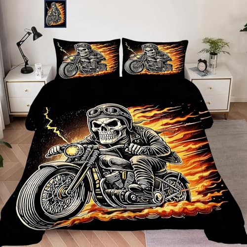 Image of Black Skull Comforter Set King: 1 Comforter 2 Pillowcases, Vintage Motorcycle Skeleton Bedding Set for Boys Adults Men, Halloween Gothic Quilt Bedroom Decor