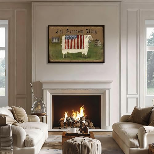 Image of RIBNTAK Americana Farmhouse Canvas Wall Art, Rustic God Bless America Sheep Pictures with USA Flag Artwork Patriotic Country Decor for Living Room Entryway Bedroom