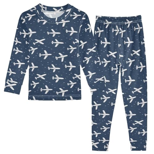 ALAZA White Airplane Dark Blue 2 Piece Pajama Set Long Sleeve Top and Pants Sleepwear Unisex