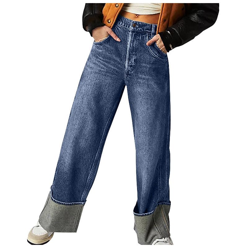Baggy Jeans for Woman Trendy Y2k Wide Leg Denim Pants Simple Basic Denim Pants Lounge Soild Trouser with Pockets