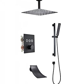 Thermostatic Rainfall Shower System Matte Black Shower Combo Set Ceiling Mounted Shower Faucet Set with Shower Head, Hand Shower, Waterfall Bath Spout, Slide Bar