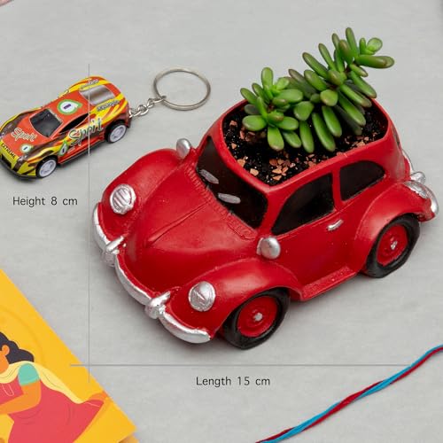 Image of To The Nines Rakhi Gift Set for Kids - Rakhi With Car Planter, Car Key Chain, Tilak Material and Greeting Card
