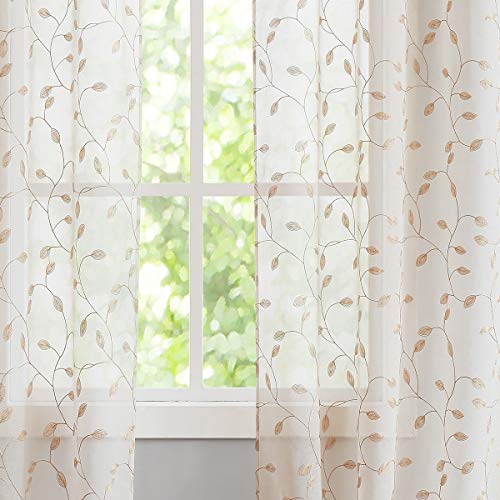 Fragrantex Leaf Floral Tier Curtains For Kitchen 24 Inch Window Treatments Linen Texture Champagne Taupe Embroidered Sheer Bay Window Curtains For Cafe/Bathroom/Shutter Rod Pocket 2 Panels,28" Wx24 L #TOP2