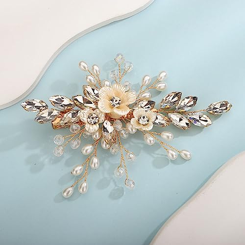 Teyglen Hair Clip Crystal Bridal Gold Floral Rhinestone Flower Hair Clips Handmade Pearls Barrette Wedding Hair Accessories for Bride Floral Headpieces for Women Girls
