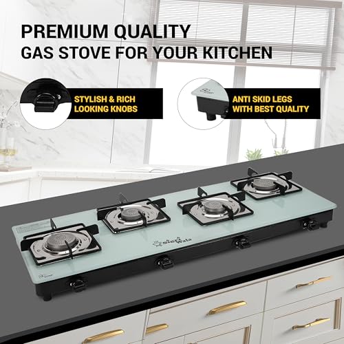 Image of Sigri-Wala 4 Burner Automatic Gas Stove for Kitchen | Orchid White Toughened Glass Cooktop | LPG Compatible | High Efficiency Burners | ISI Certified