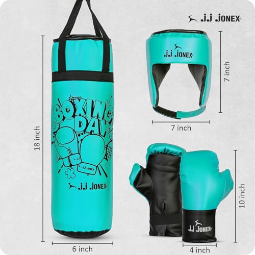 Image of JJ Jonex Sports Kids Boxing Punching Bag Set - Heavy Boxing Bag, Gloves, MMA, Home Gym & Martial Arts Training Equipment | for Boys & Girls for Age 3 4 5 6 7 8 Years |Blue Color |