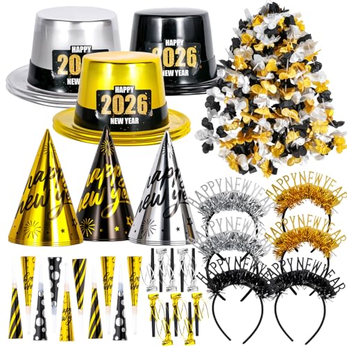 Atonofun 2026 New Years Eve Party Supplies for 20 Guests 48 Pcs New Year Eve Party Hats and Horns Headband Tattoos Blowouts Leis 2026 New Year Party Favors