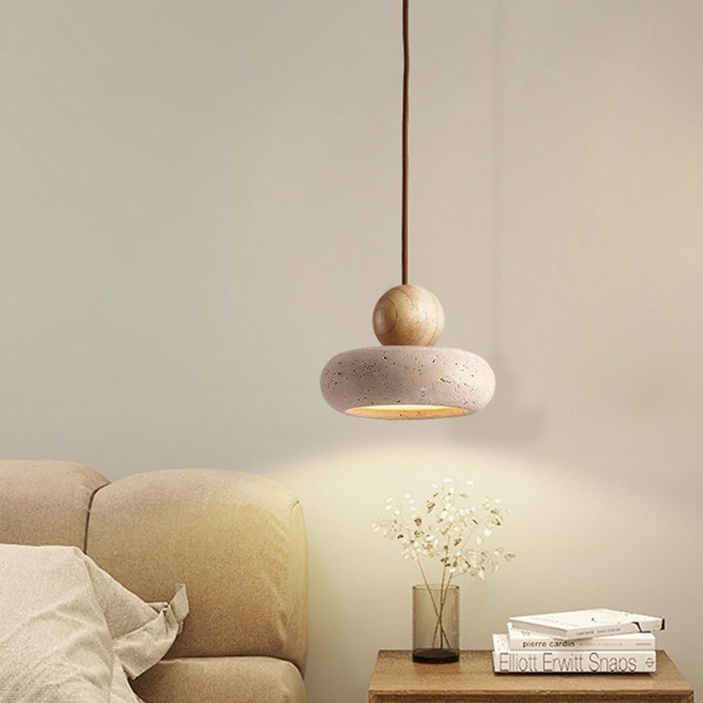 Huayusedf One Color 9.1Inch Japanese Travertine Pendant Lamp Natural Stone Light With Log Hanging Modern Simplicity Mini Lighting For Kitchen Island Dining Room