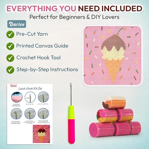 Image of Darice Latch Hook Rug Kit, Ice Cream Design DIY Latch Hook Kit for Kids & Adults, Color Canvas, PreCut Yarn & Hook Tool, Craft Activity & Gift for Kids