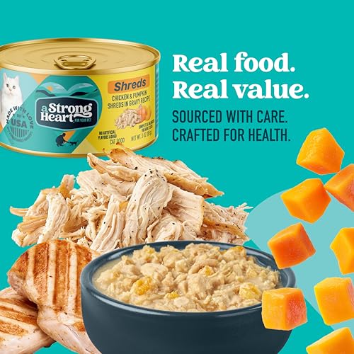 Image of A Strong Heart Wet Cat Food, Chicken & Pumpkin Shreds in Gravy, Made with Whole Muscle Chicken, Made in the USA, 3oz Can (Pack of 24)