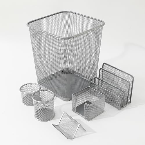 Image of The Better Home Set of 6 Desk Organisers | Paper /File Pen /Pencil Brush Clip Business Card Holders | Rust-Free Metal Mesh Design | Multipurpose | Includes Dustbin | Powder Coated Plastic