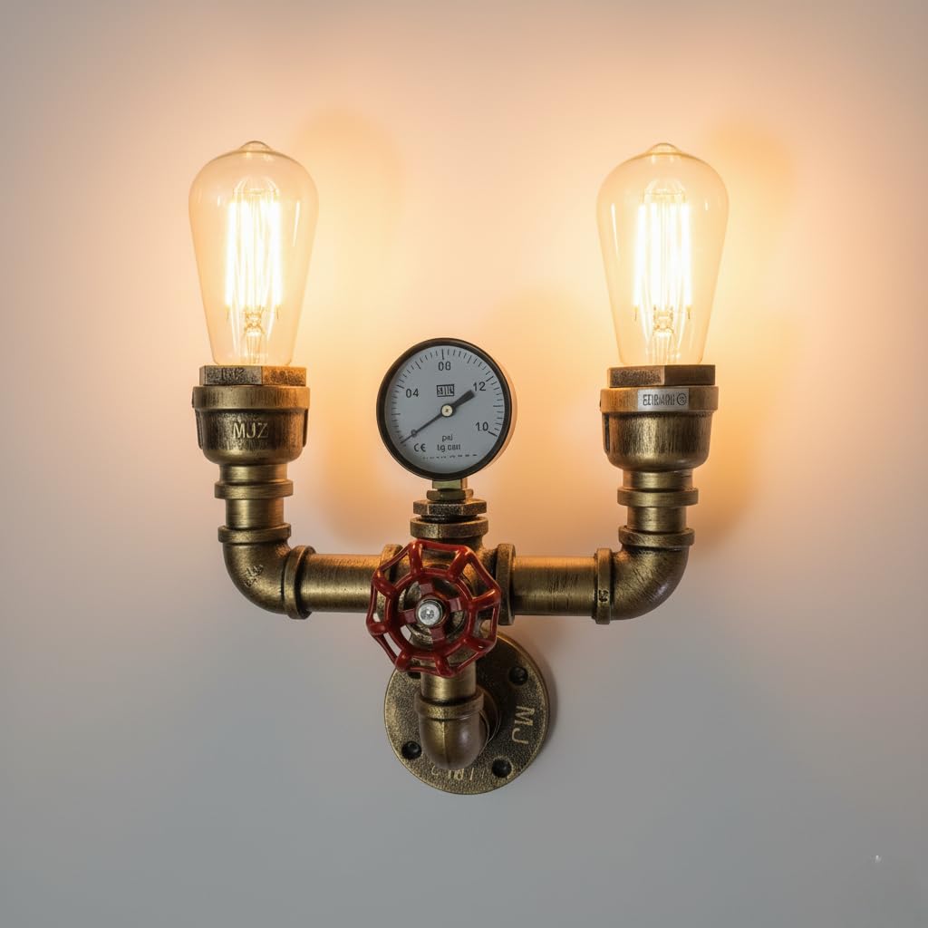 LEDSone Industrial Vintage Water Pipe Wall Light Red Valve Black E27 Steampunk Interior Lighting Fixture for Bedroom Bar Pub Farmhouse Café Hotel (Brushed Copper with Gauge)