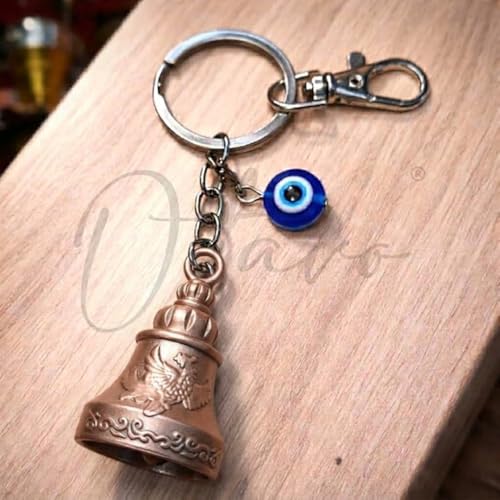 Image of OTTAVO Premium Guardian Bell Keychain for Bike & Car | Tibetan Texture Bell Keychain with Evil Eye & Silver Hook | Good Luck Charm with Laser-Engraved Wooden Gift Box