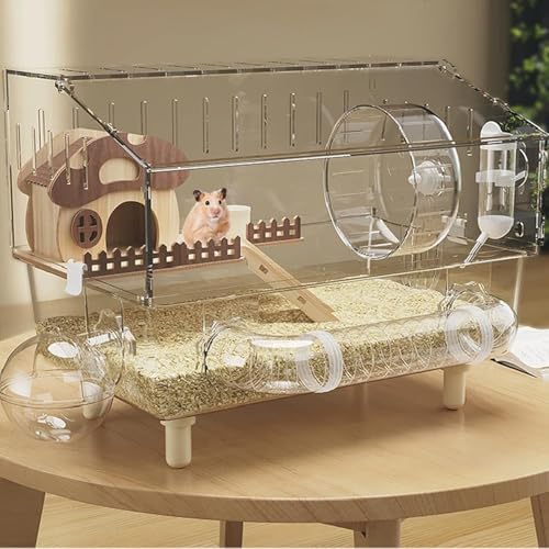 FC22 9 in 1 Acrylic Hamster Cage with all accessories 2-Layer Hamster House with full transparent Viewing Top Open Mouse Cage for Pet Mice large Hamster Habitat for Hamster Gerbils 45 * 28 * 34CM